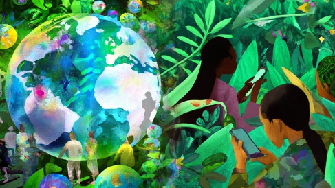 Green planet and people on phones