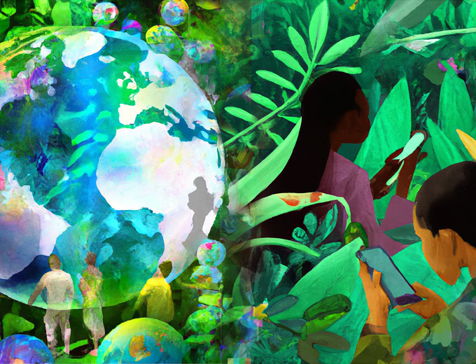 illustration of a leafy natural world with people and technology created from imagery generated by dall-e 2