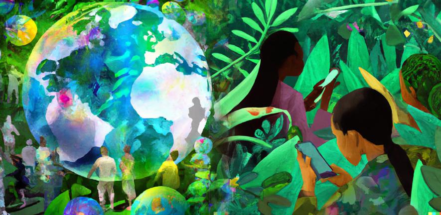 illustration of a leafy natural world with people and technology created from imagery generated by dall-e 2